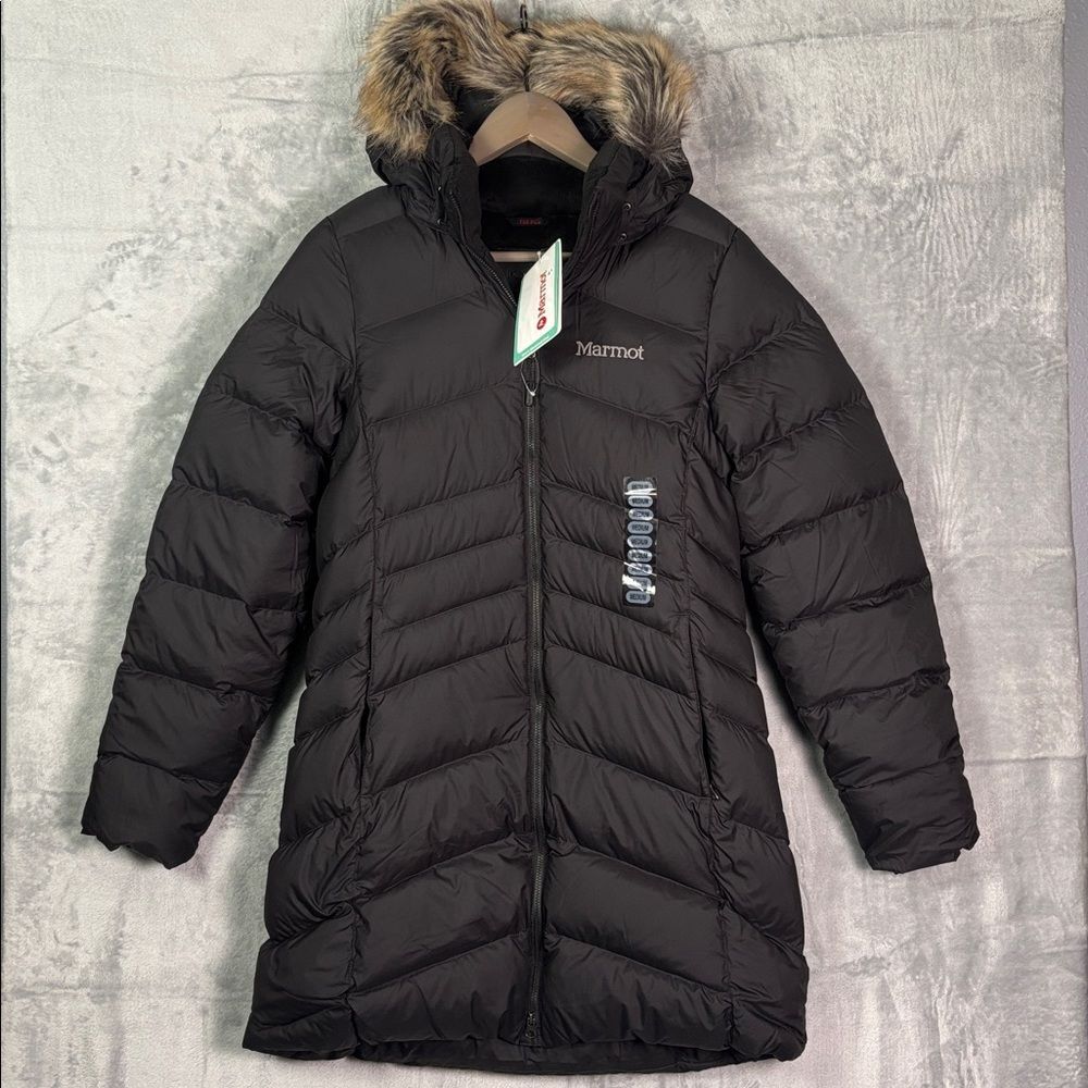 New NWT Marmot Black Montreal 700 Down Faux Fur Hooded Parka Coat Size Medium